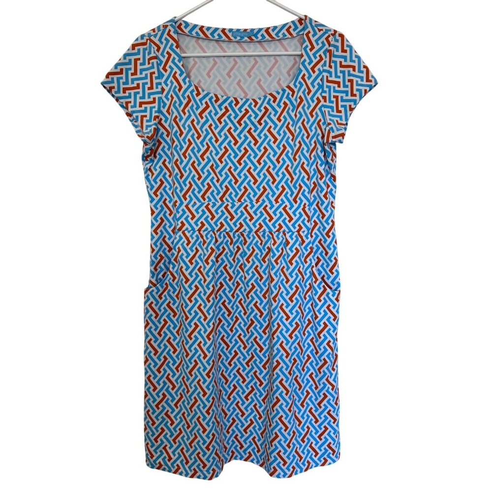 J. Mclaughlin Catalina Cloth Short Sleeve Dress Size L Geometric Blue Orange